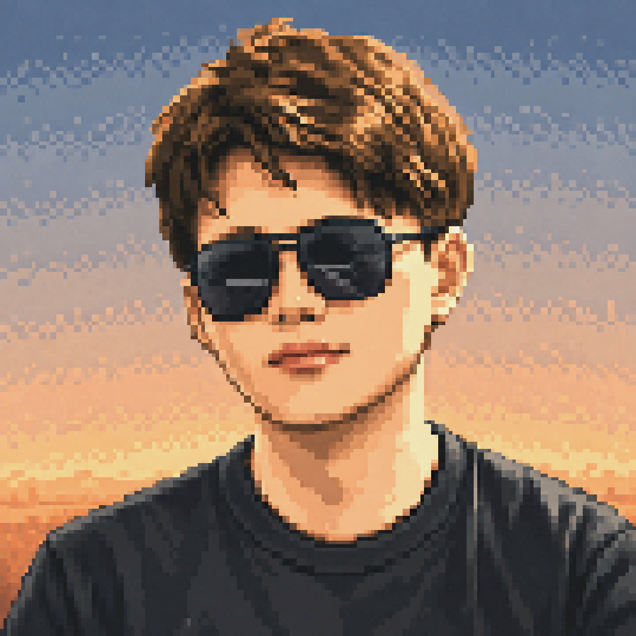 My pixel avatar with orange afterglow beneath a blue-gray sky