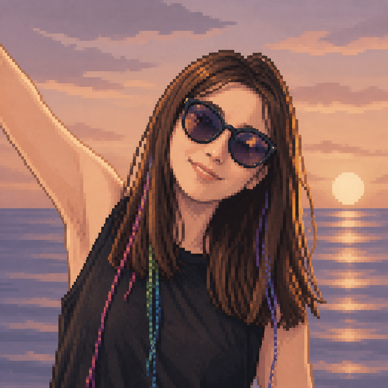 My wife's pixel avatar against a sunrise over the sea