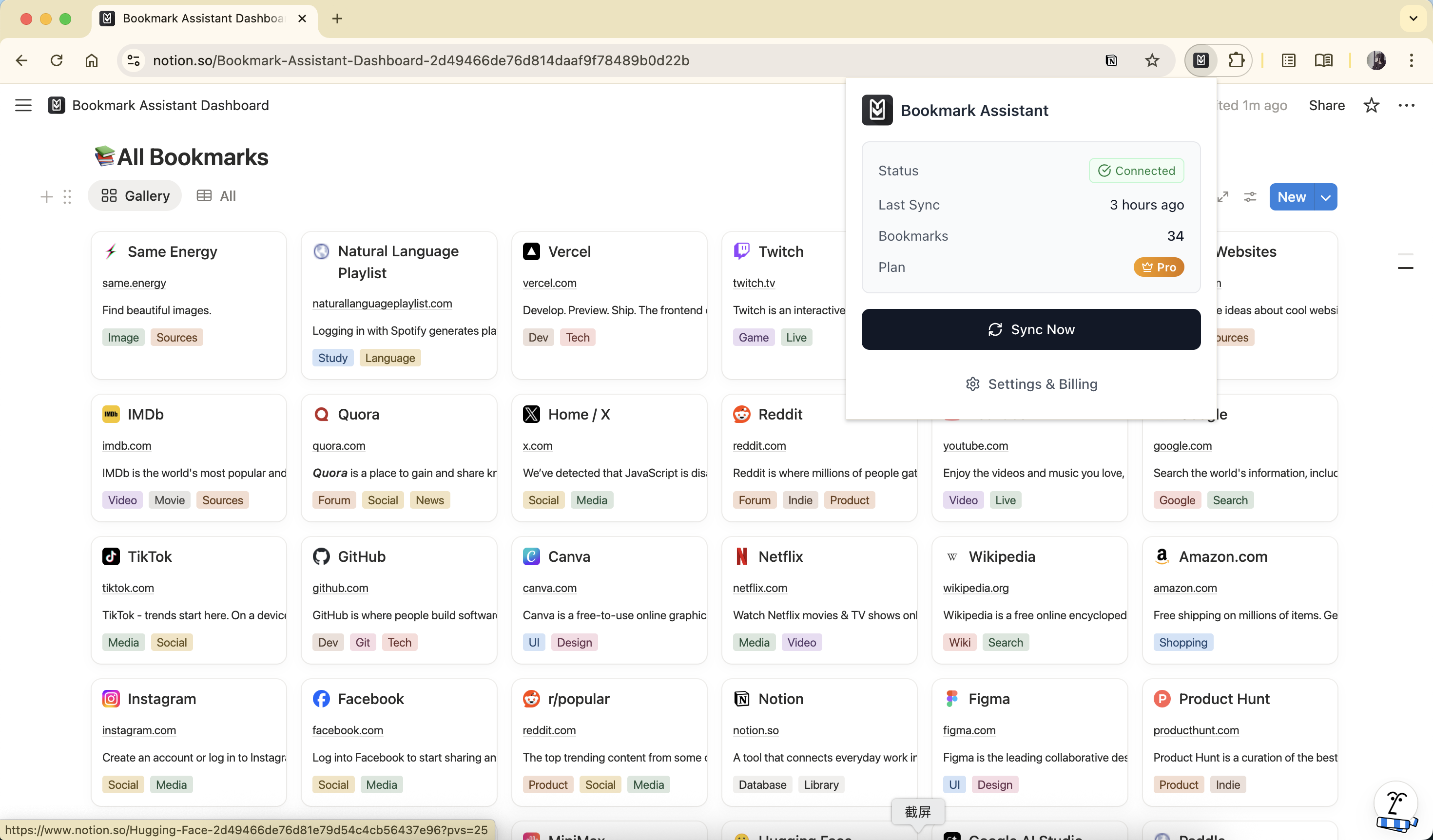Bookmark Assistant syncing browser bookmarks into a Notion gallery with the extension popup open