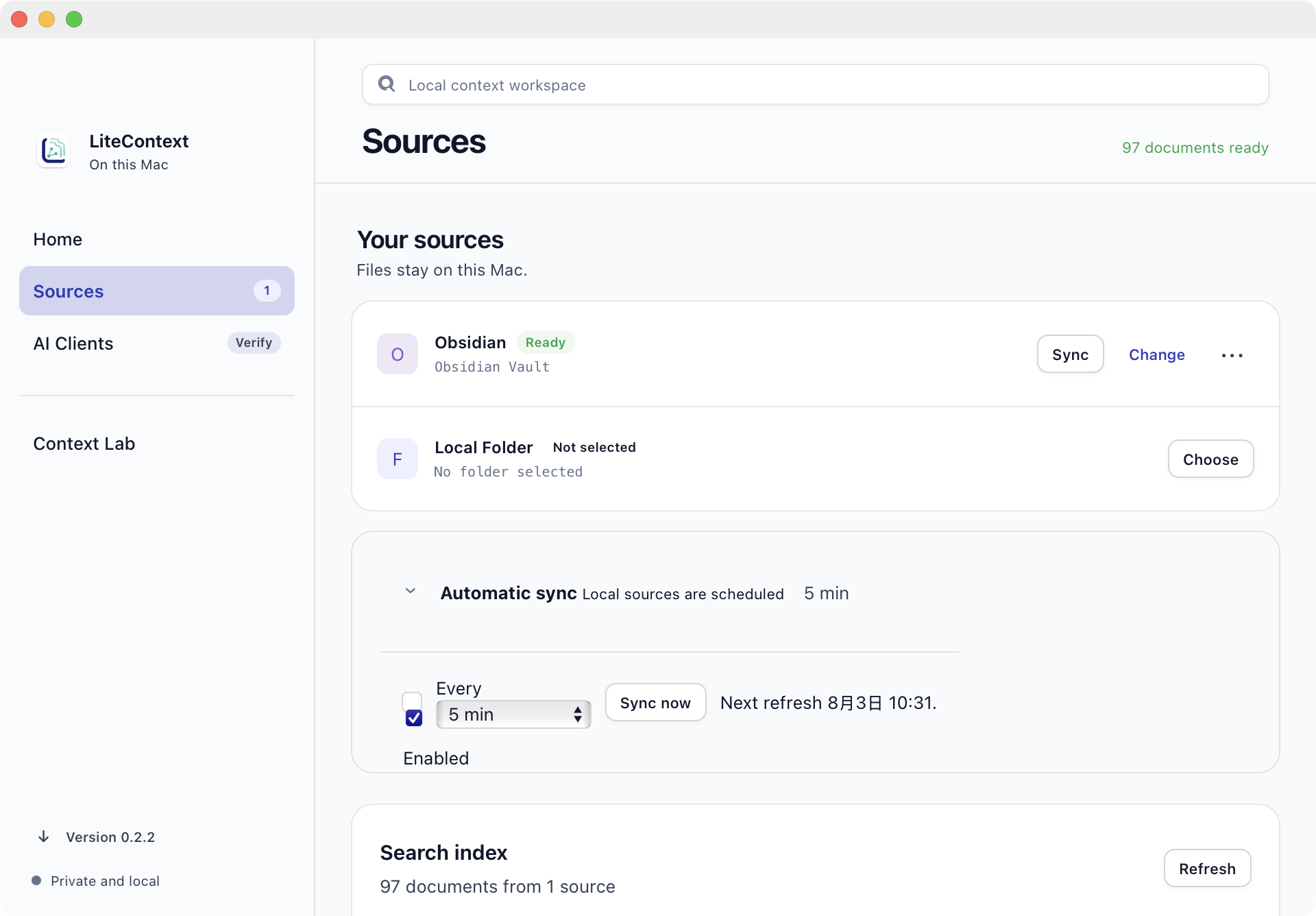 LiteContext desktop app showing local sources, sync controls, and search index status