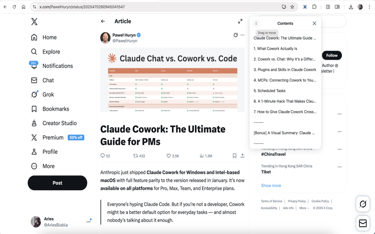 X-TOC showing a pinned table of contents beside an X long-form article